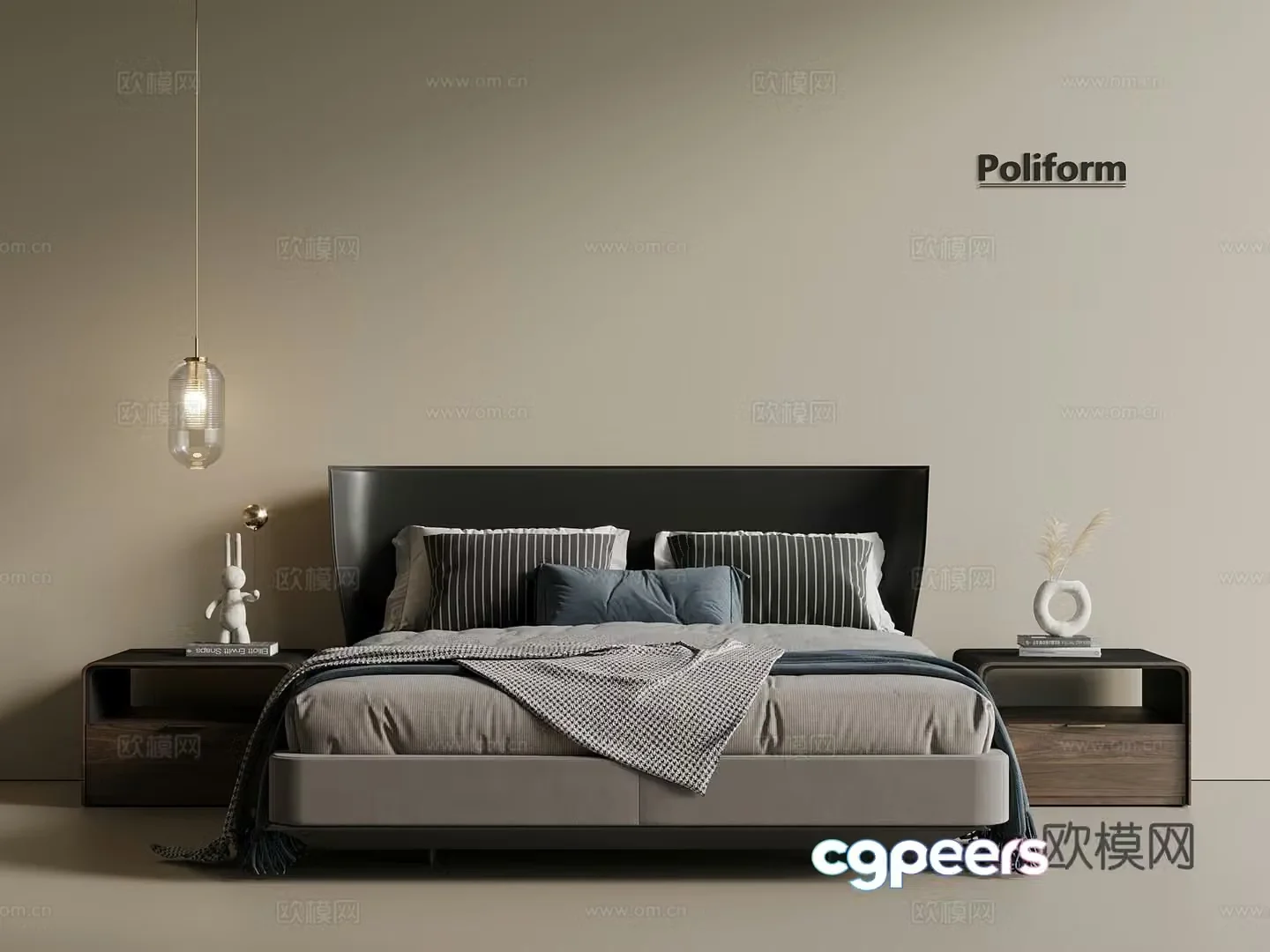 Italian light luxury double bed fabric bed leather bed master bedroom bed 3D model