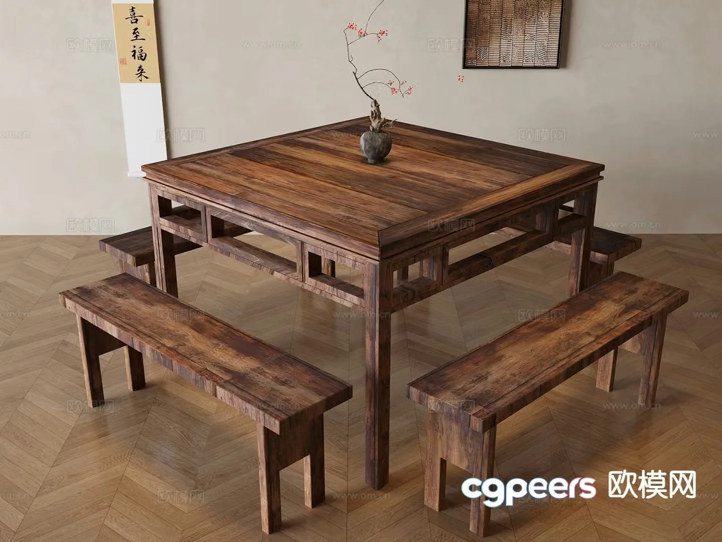 Chinese dining table and chairs Eight Immortals table 3D model