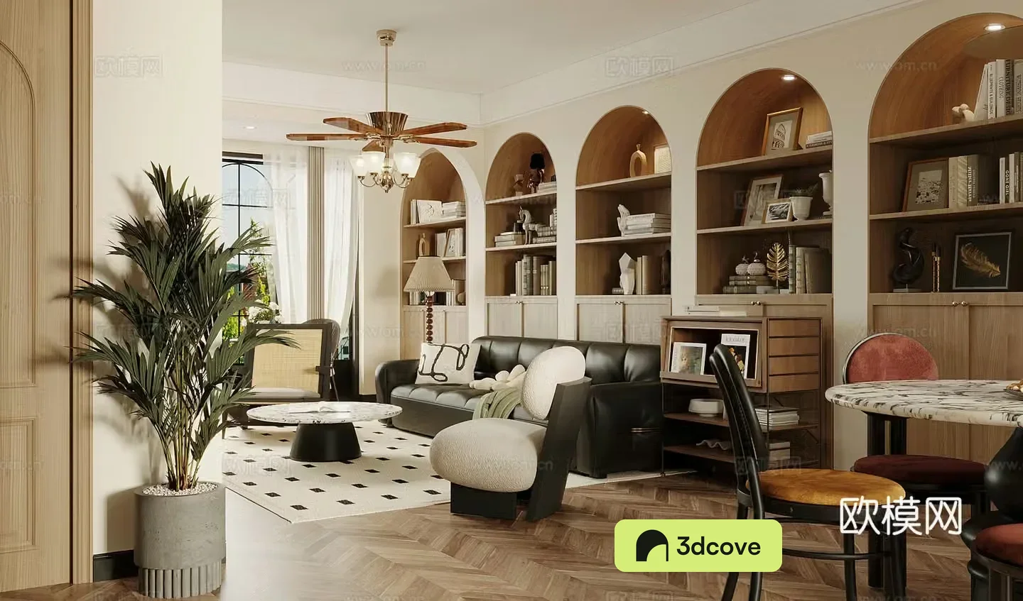 Middle style living room large flat floor living room sofa and coffee table combination middle style dining table and chair 3D model
