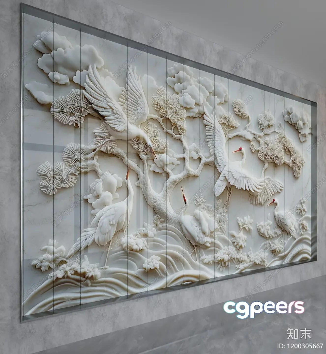 A White Marble Relief Of Cranes In Flight 3D Model – 12930 – VRAY Render