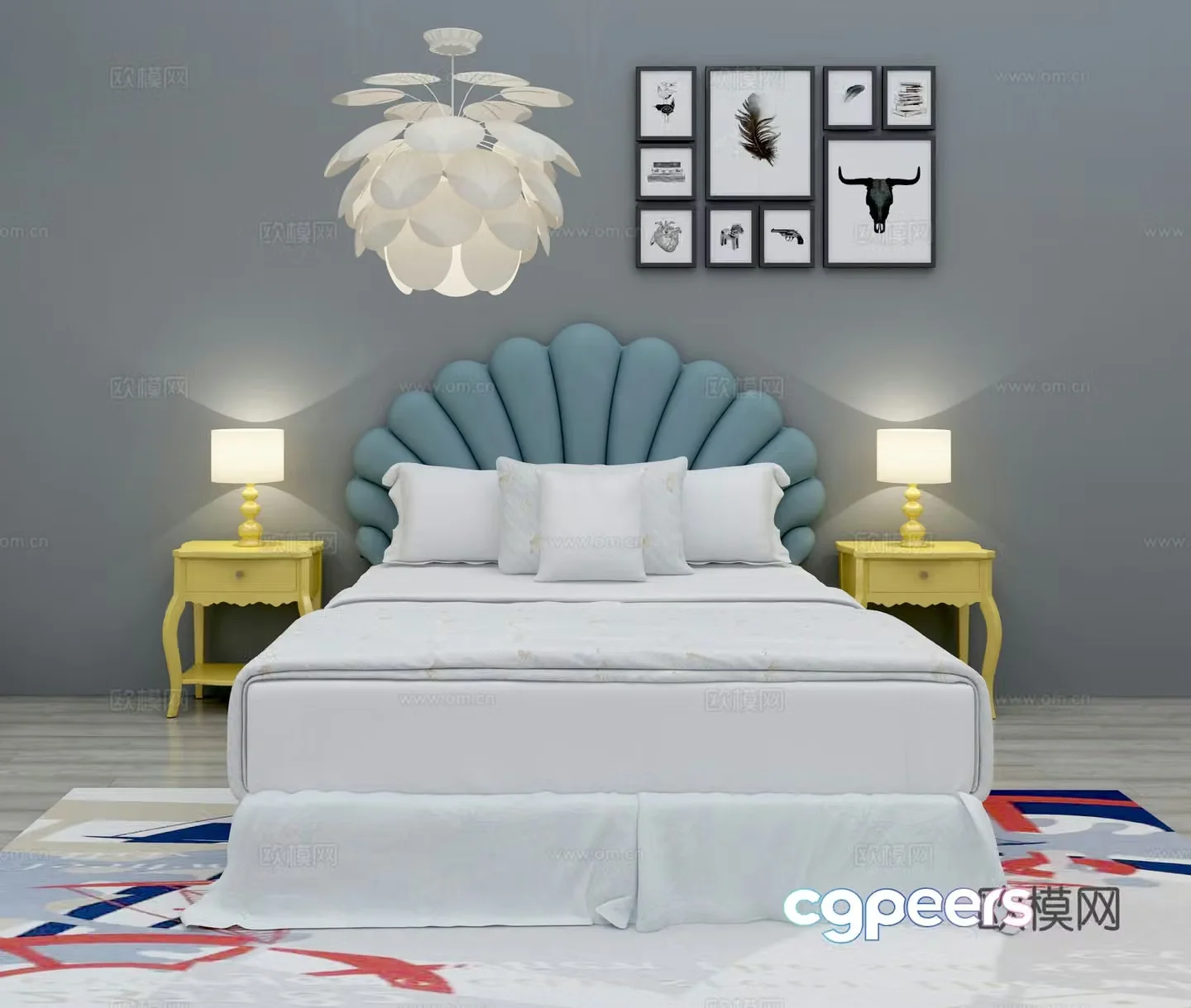 Modern simple children’s bed single bed double bed bed bed nightstand decorative painting chandelier 3d model