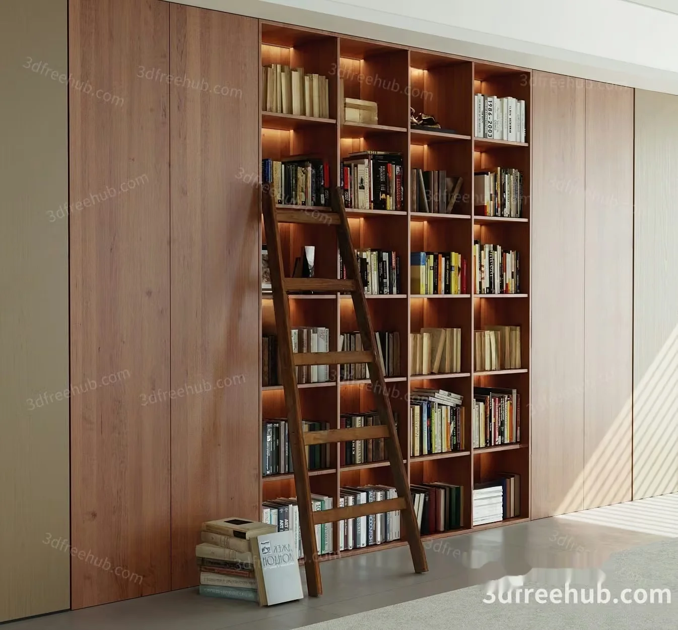 Wooden Bookshelf With Ladder 3D Model – 22012 – VRAY Render