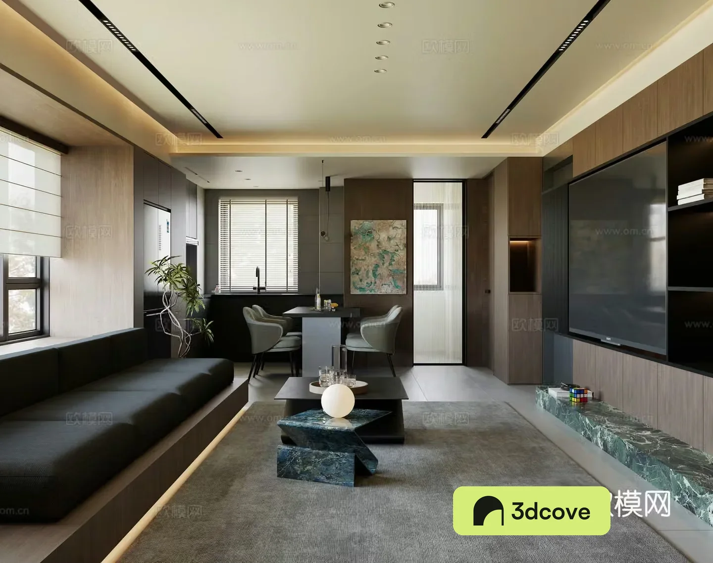 Modern living and dining room combination sofa dining table dark wind open kitchen western kitchen