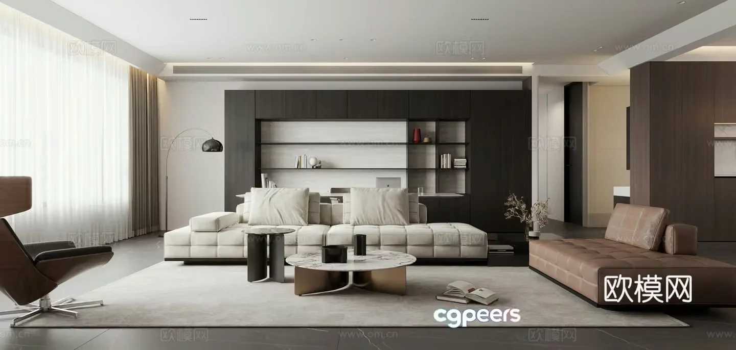 Italian black and white living room large flat floor horizontal hall homeless lights 3D model