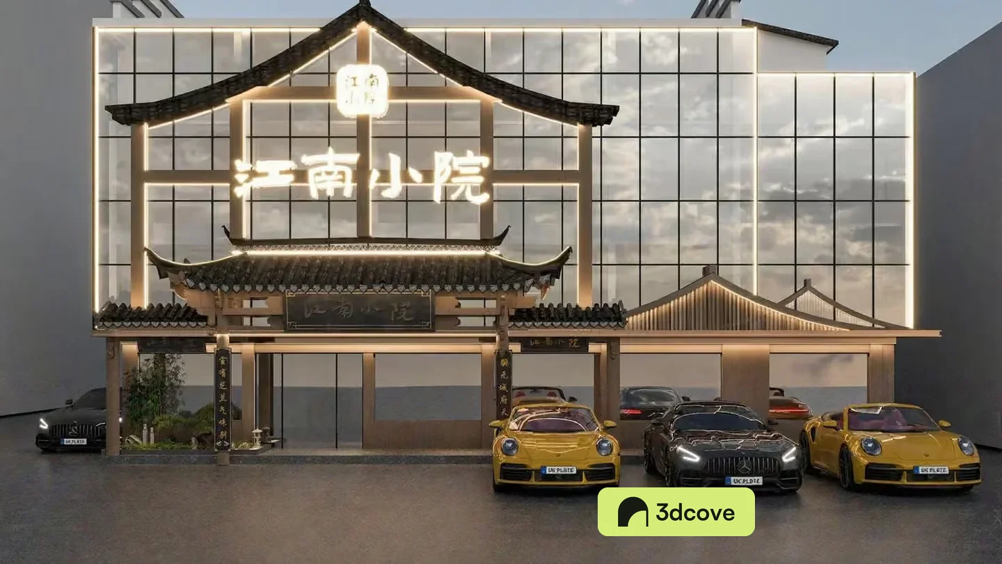 A Building With A Large Glass Facade And A Row Of Sports Cars Parked In