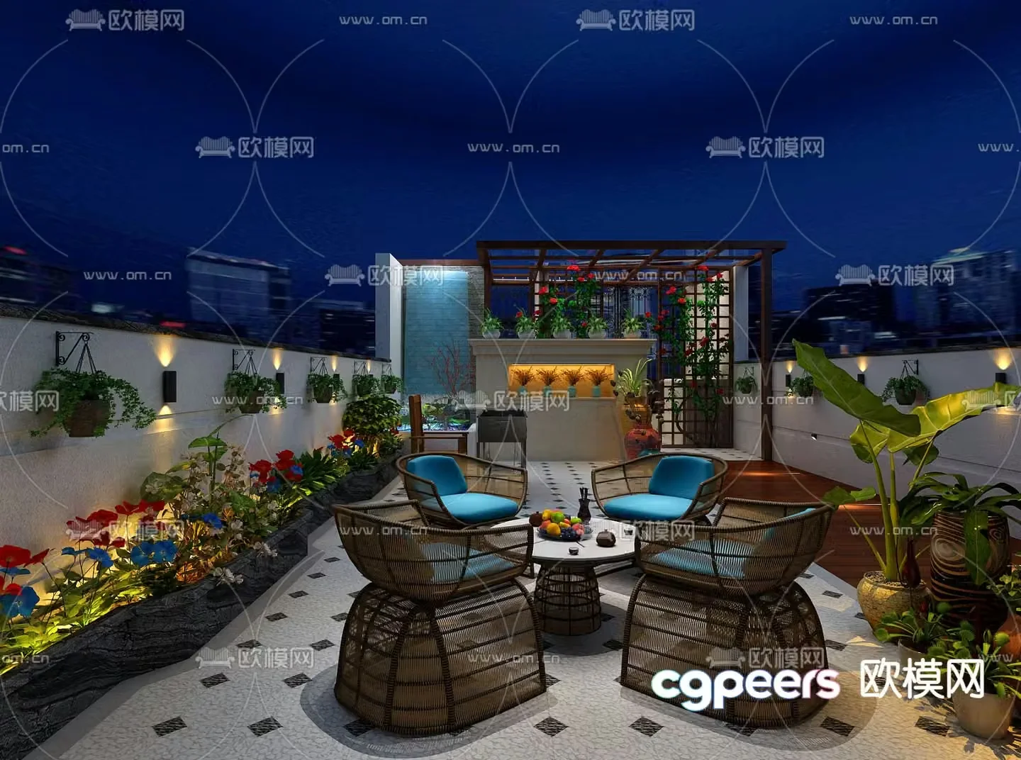 New Chinese style balcony terrace roof garden 3d model