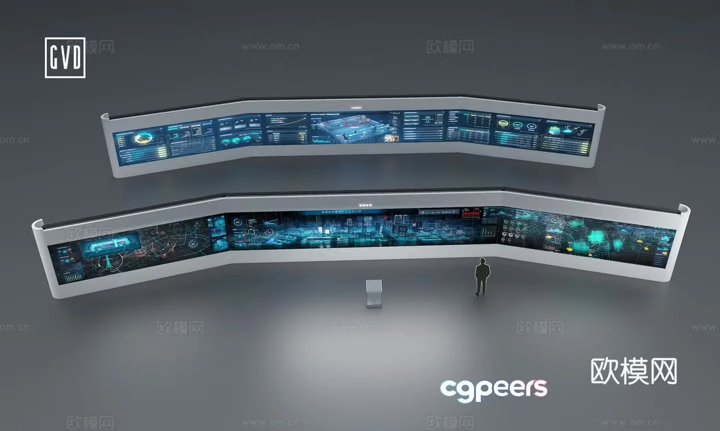 Modern exhibition hall Technology large screen large screen visualization three-fold screen management center command center large 3D model