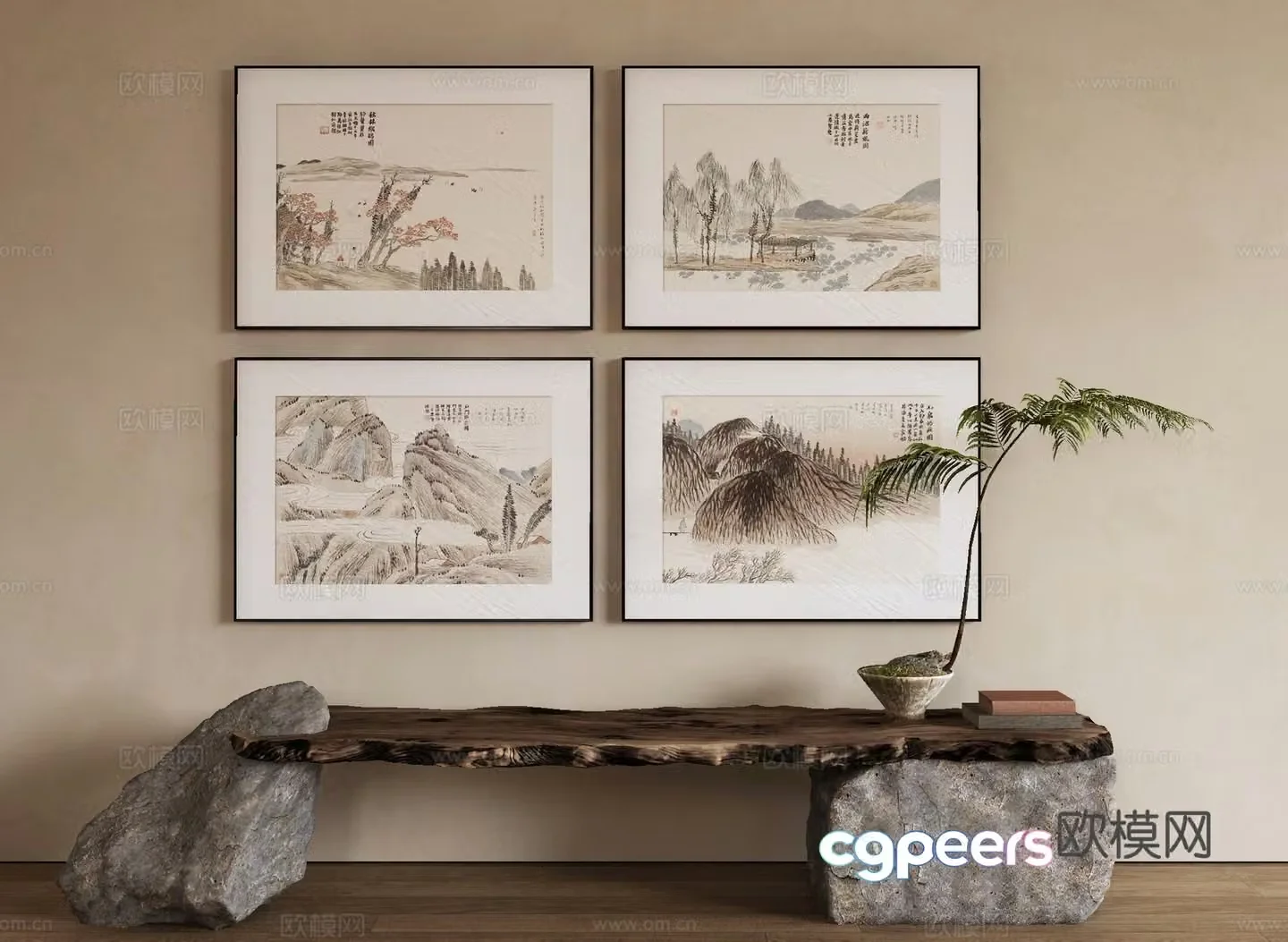 New Chinese style decorative painting landscape painting combined hanging painting 3D model