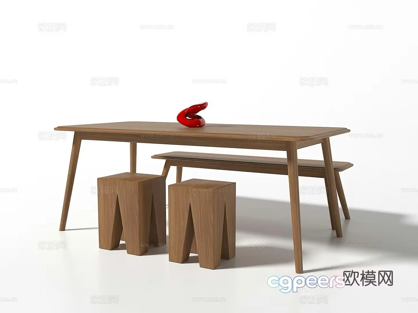 Modern solid wood dining table and stool 3D model