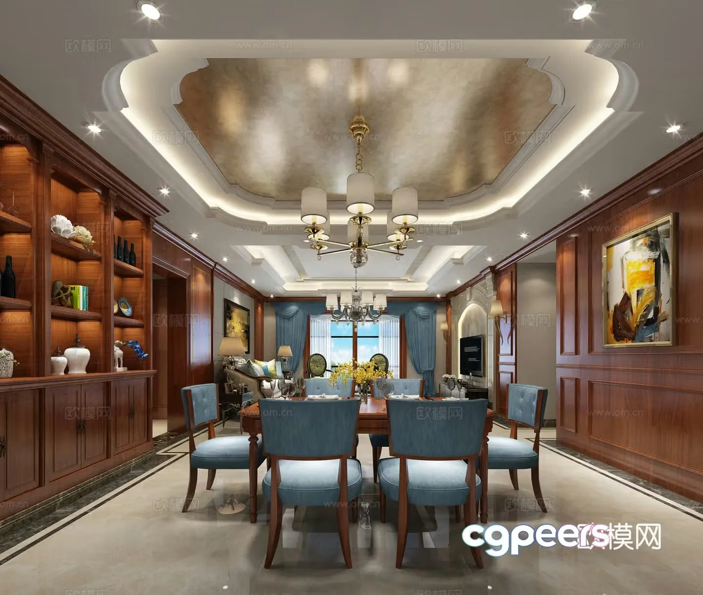 European classical living restaurant sofa coffee table chandeliers TV cabinet side cabinet dining table chair 3d model