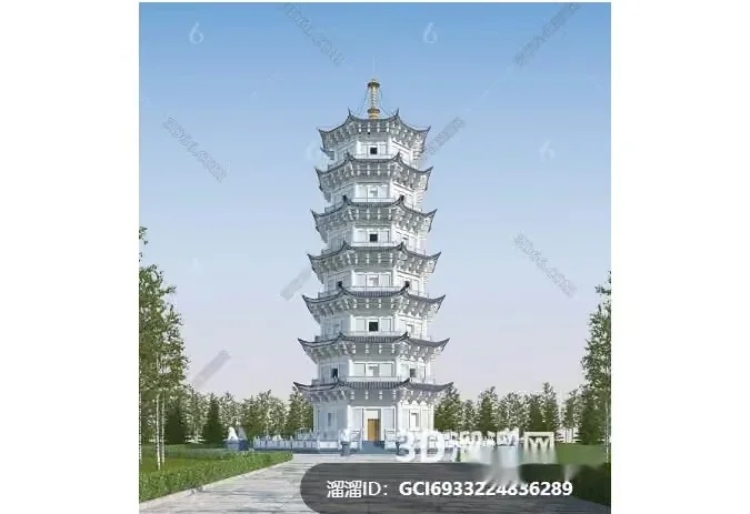 A Tall White Pagoda 3D Model – 5592 – VRAY Render