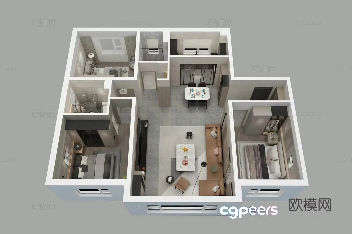 Aerial view of modern home decoration model room 3d model