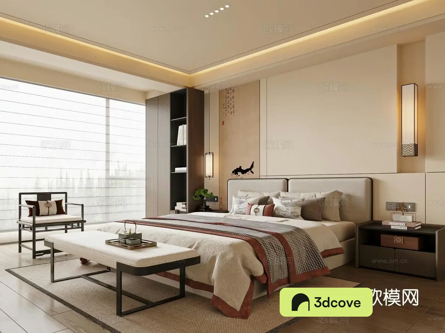 New Chinese style bedroom double bed nightstand