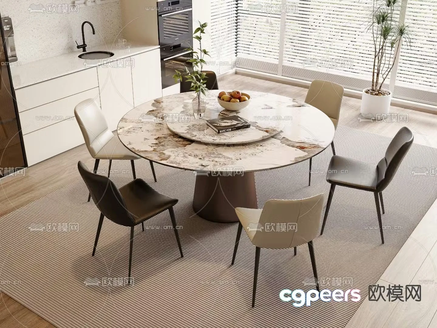 Round dining table and chairs slate dining table 3d model