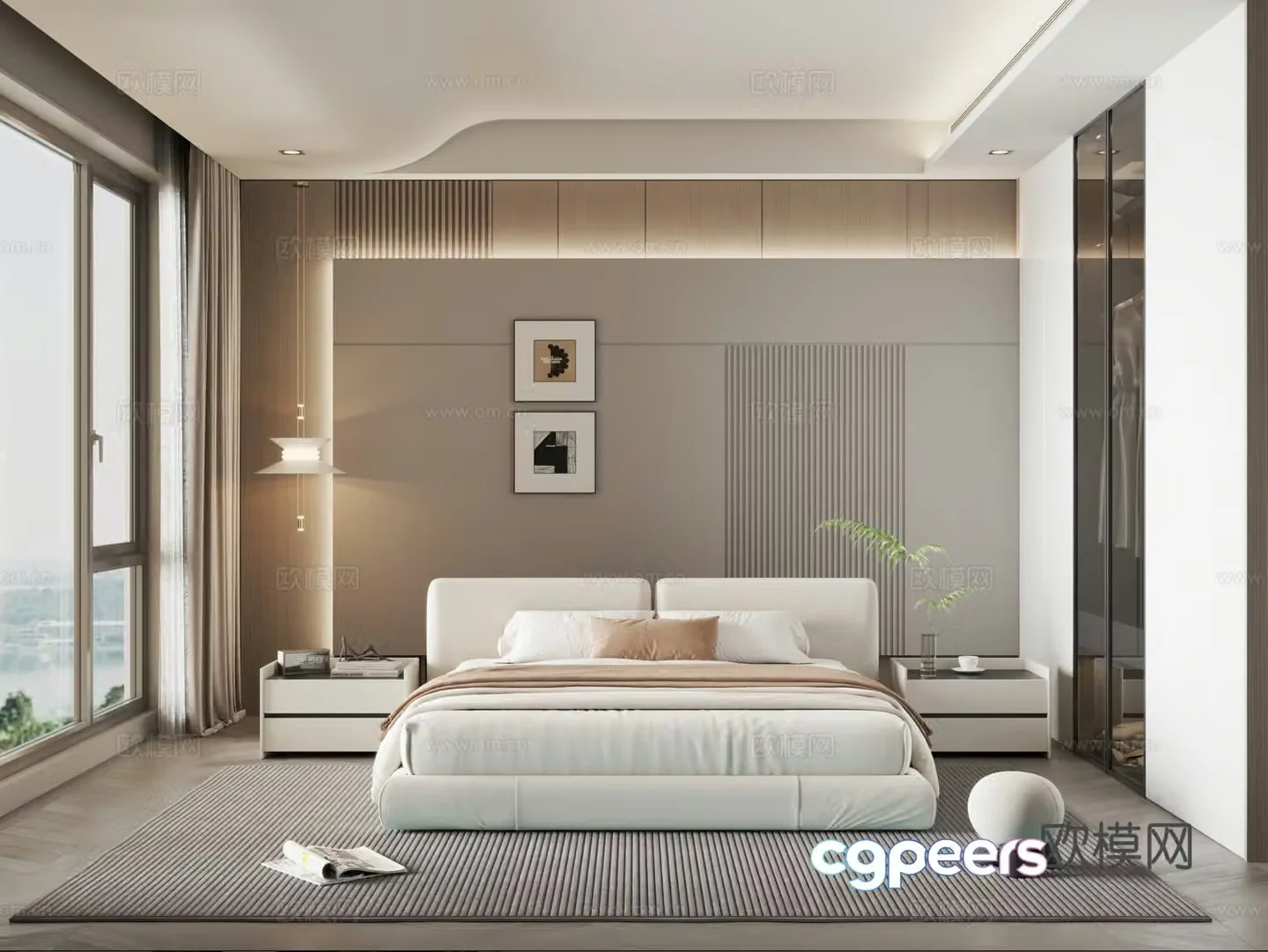 Modern home bedroom floor-to-ceiling window bedroom 3d model