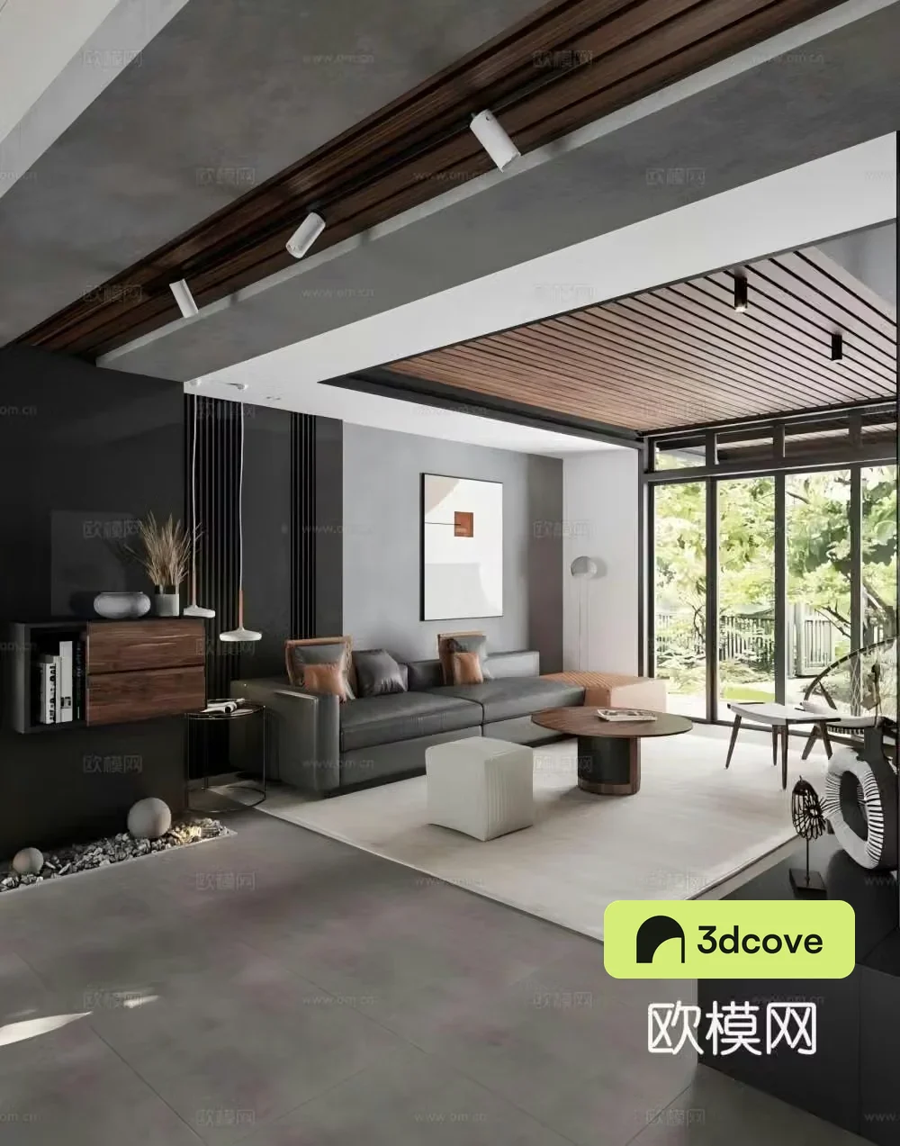 Modern high-end gray living room black and white gray living room open kitchen simple living room
