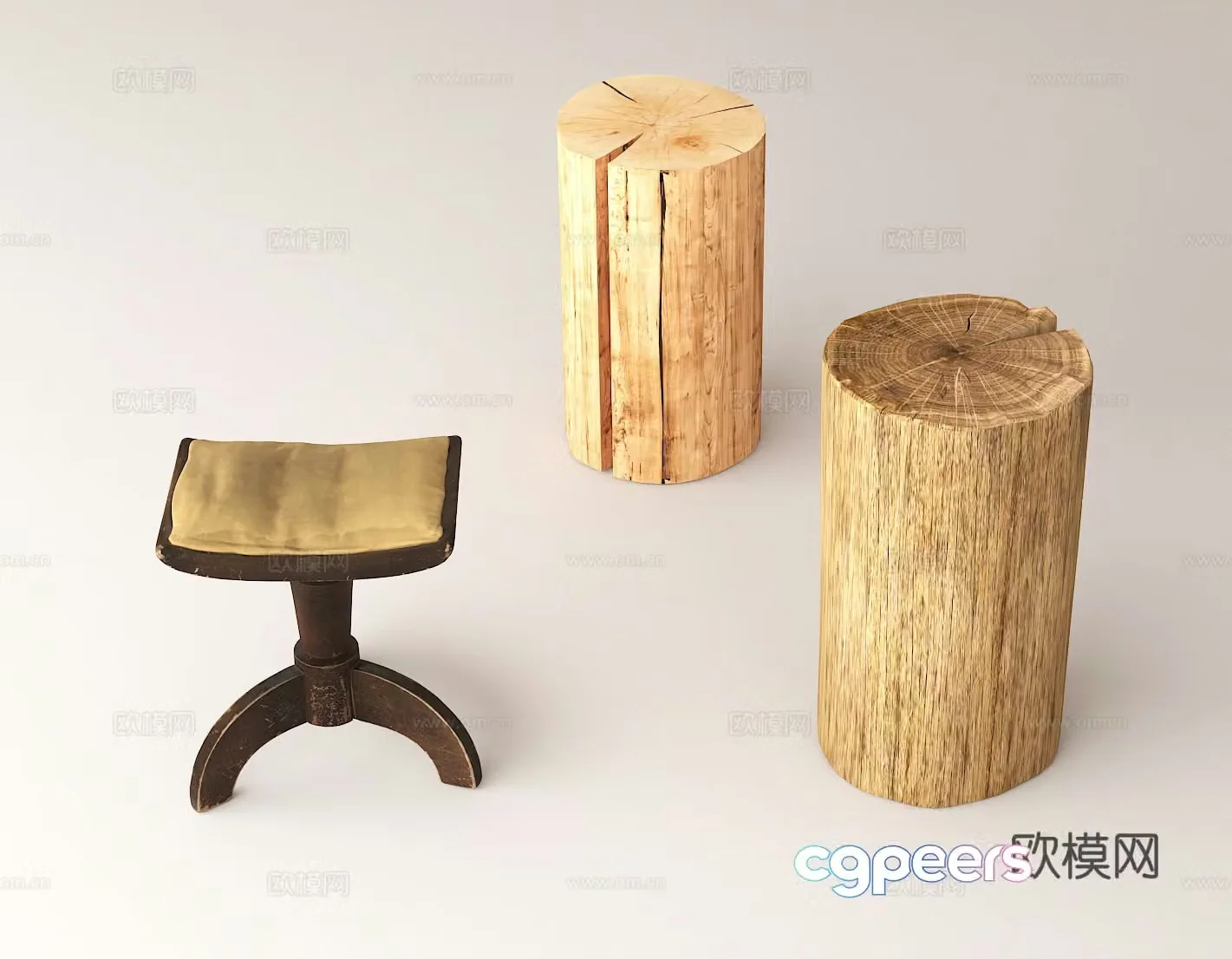 Log stool solid wood pier retro stool wooden furniture creative wooden pier 3d model