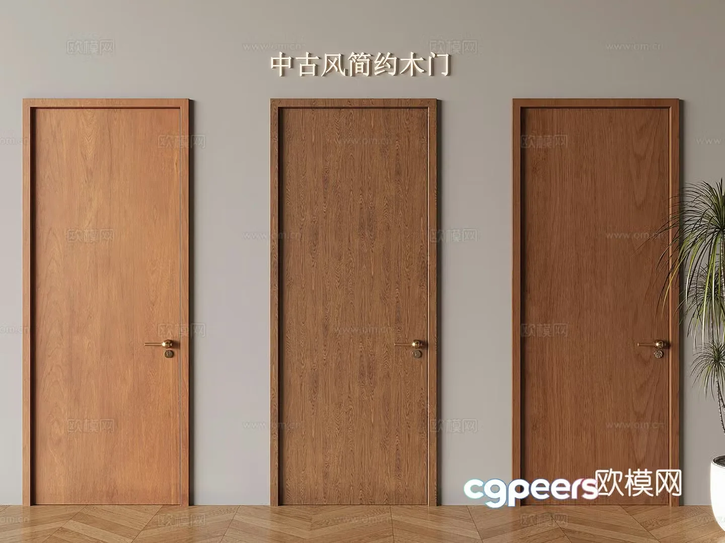 Medium style solid wood single door Medium style simple swing door 3D model