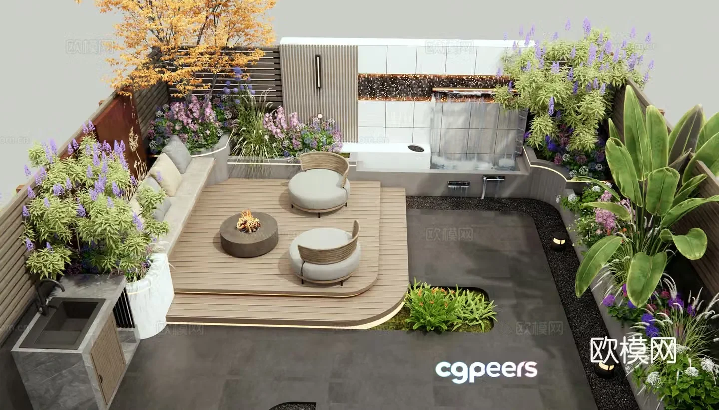 Modern villa courtyard garden outdoor sofa flower plants plant combination flower pond water view wall 3d model