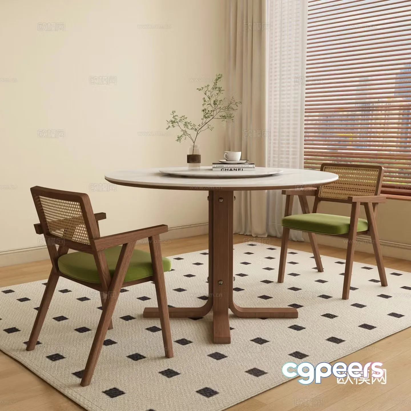 Medium style round dining table and chair 3D model