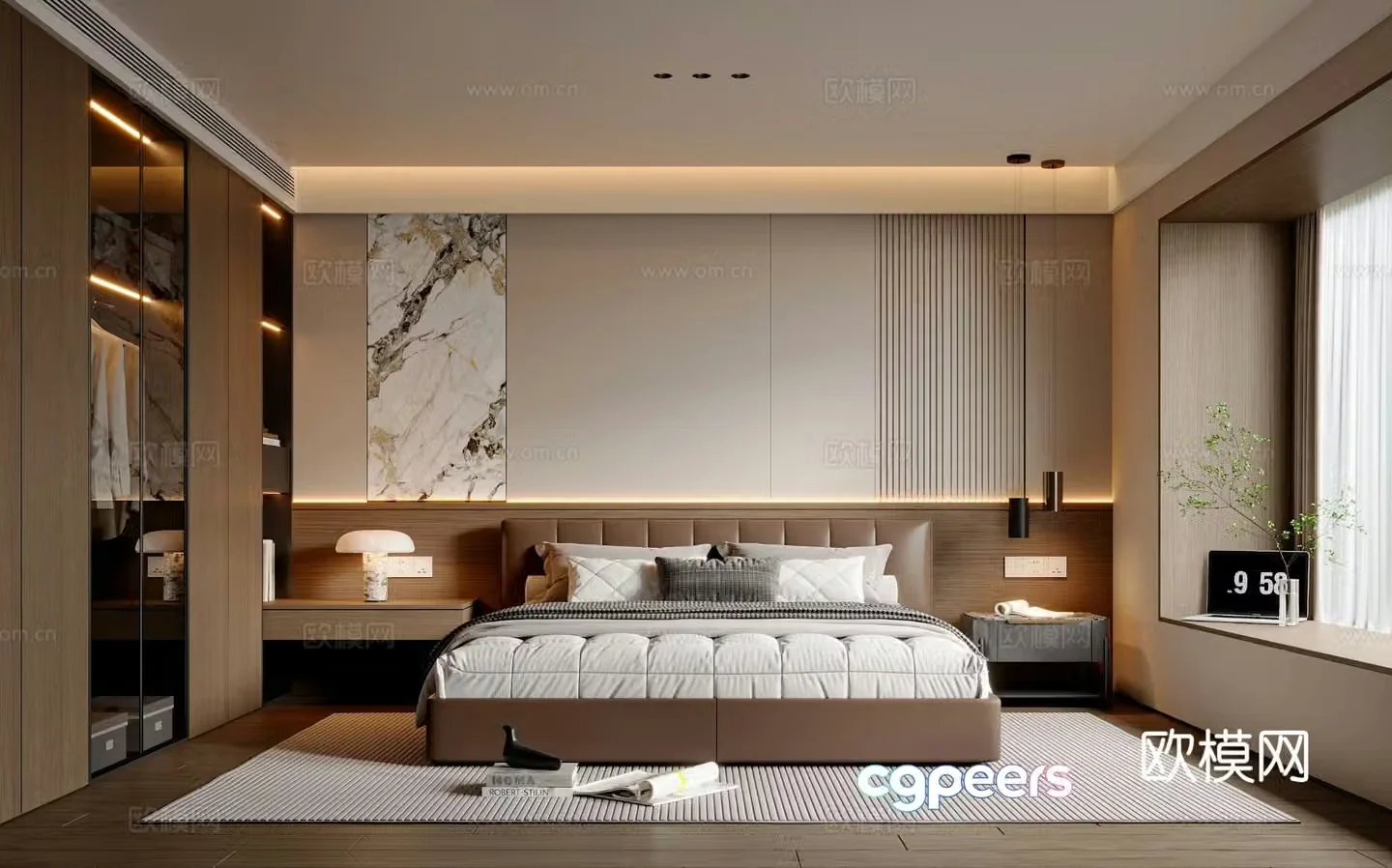 Modern simple bedroom double bed wardrobe chandeliers bedroom accessories desk lamp 3d model