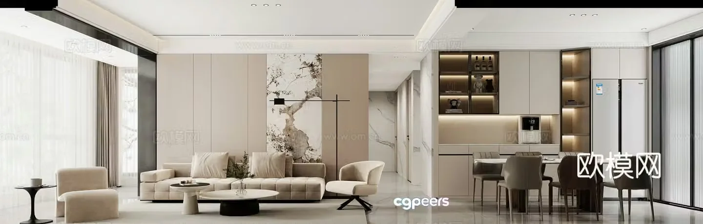 Modern living and dining room 3d model