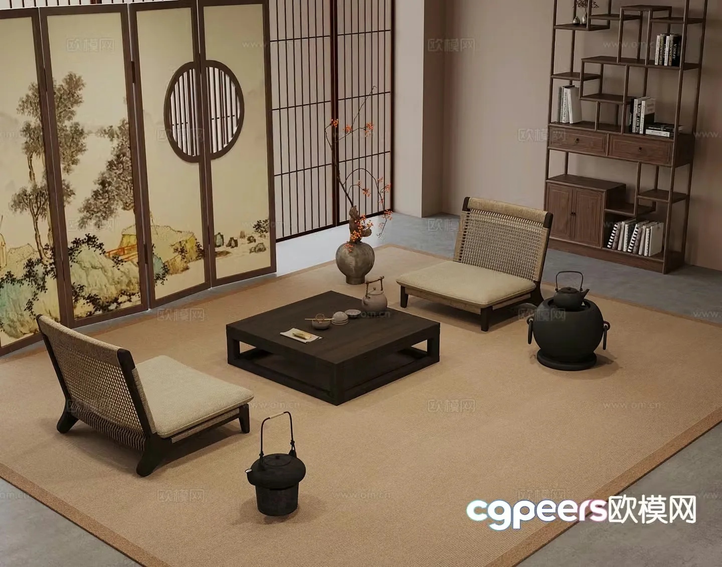 New Chinese style tea table and chairs tatami tea table and chairs 3d model