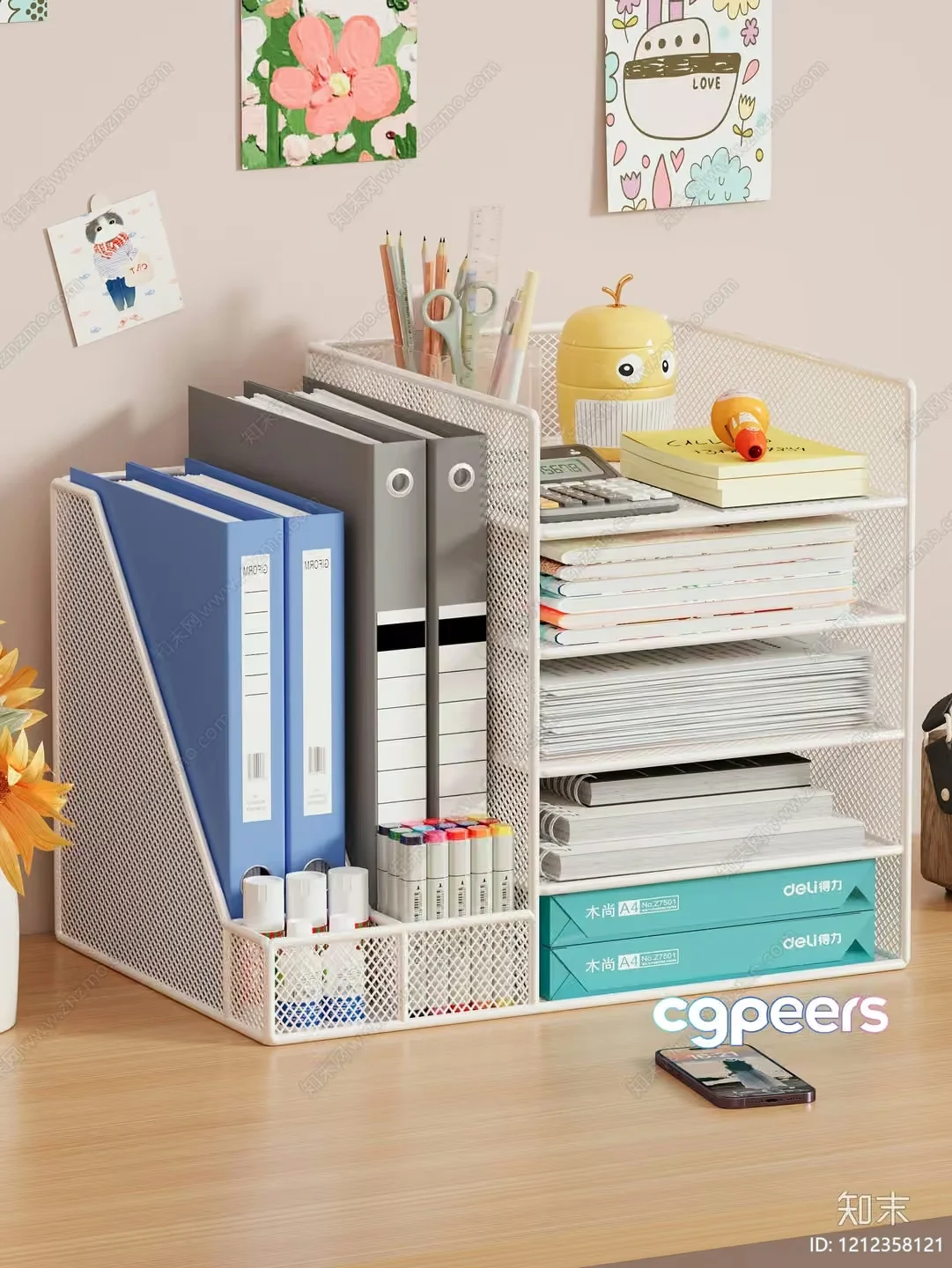 A White Mesh Desk Organizer With Various Office Supplies 3D Model – 5510 – VRAY Render