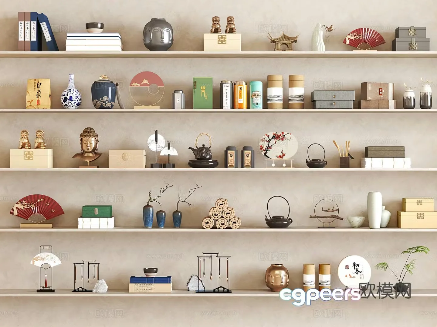 New Chinese style ornament combination tea jar combination tea set tea set ornament vase ornament combination art 3D model