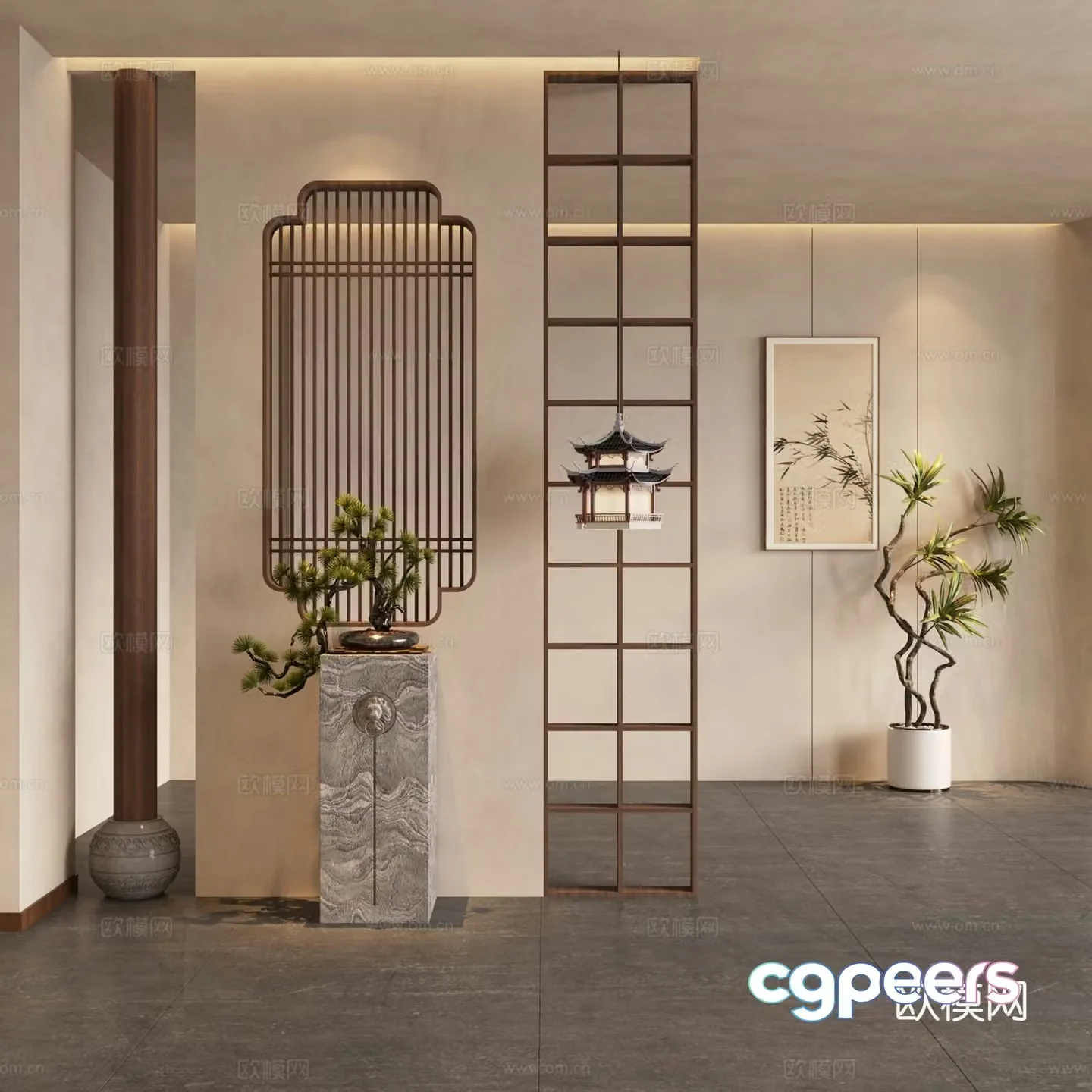 New Chinese style partition entrance partition sculpture green bonsai 3d model