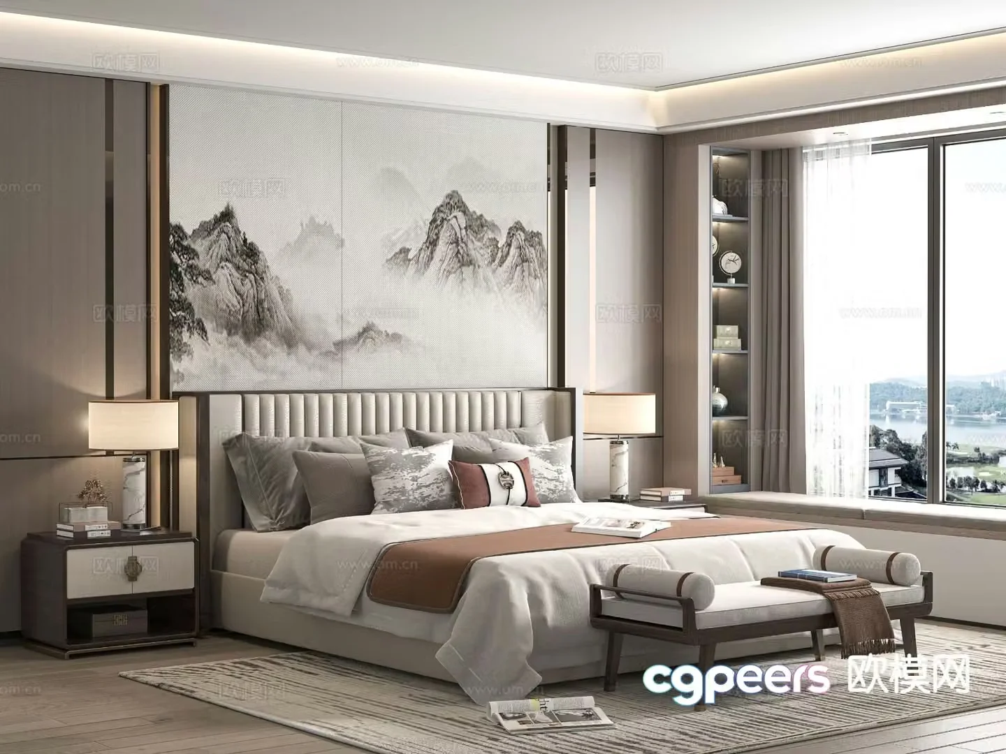 New Chinese style double bed 3d model