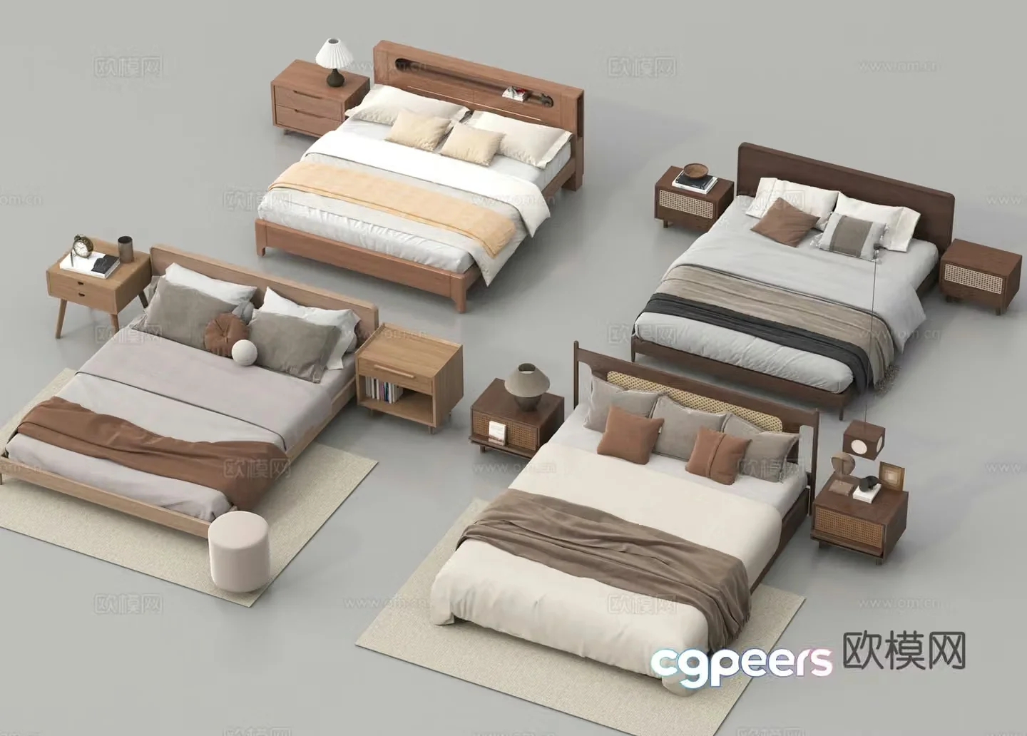 Double bed nightstand bedding 3d model
