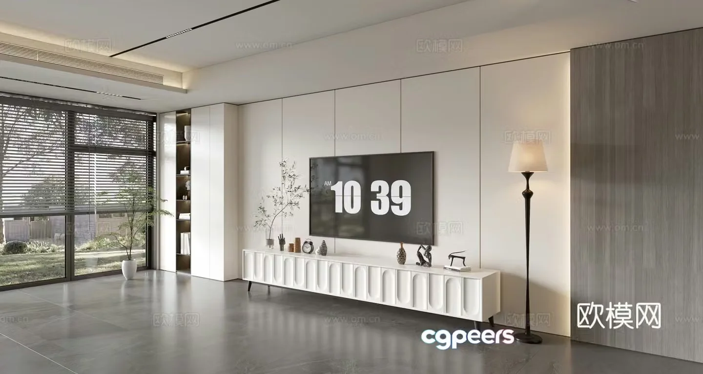 Modern creamy living room light luxury TV background wall creamy TV background wall full wall TV cabinet 3D model