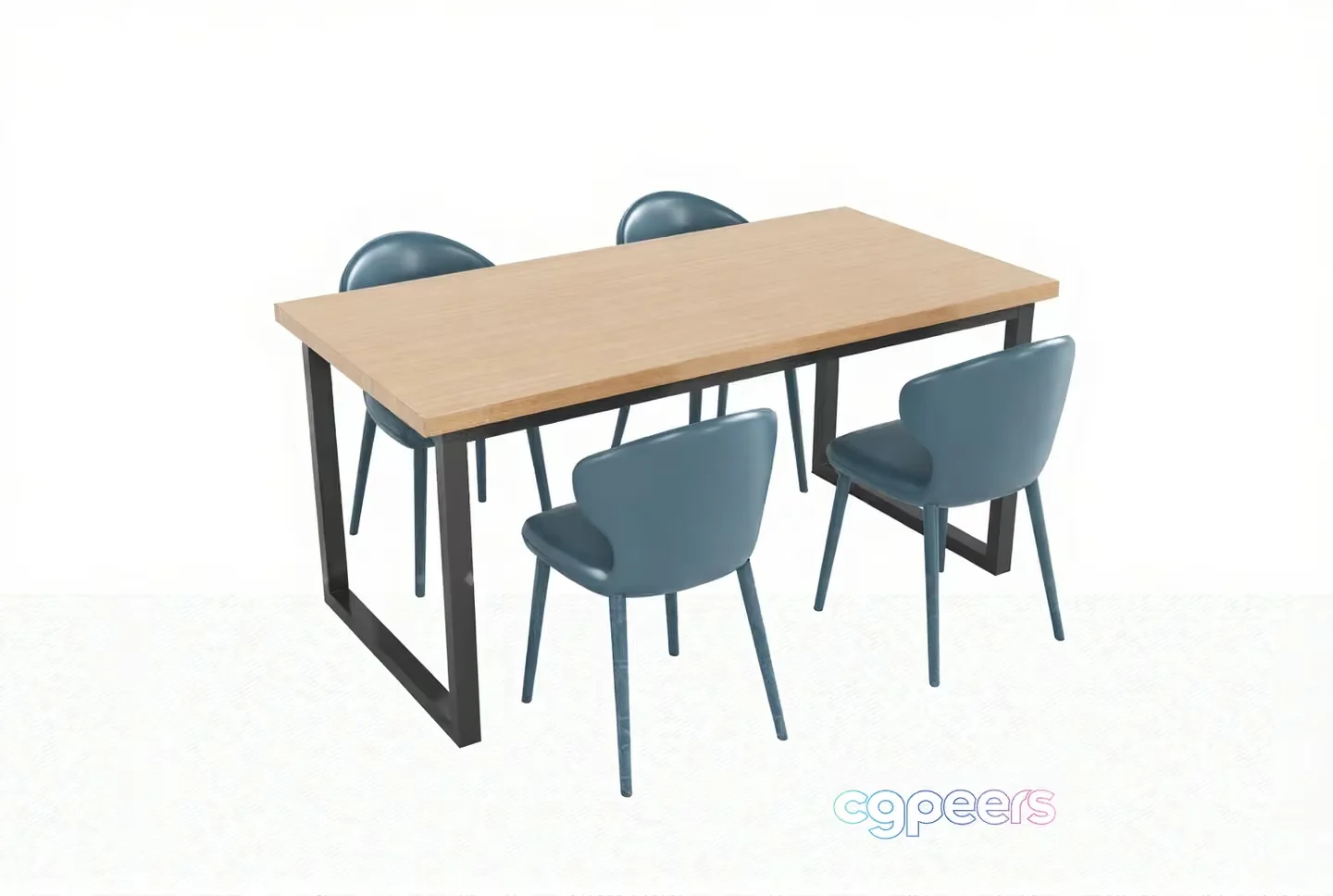 A Wooden Table With Four Blue Chairs 3D Model – 5072 – VRAY Render