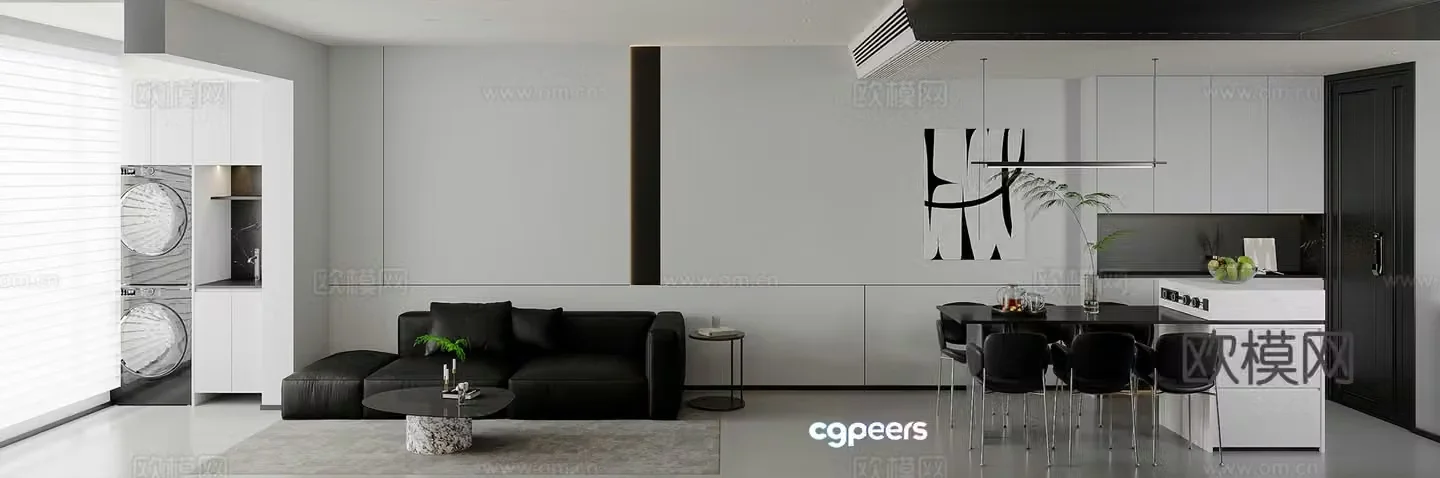Modern simple black white and gray living room open kitchen 3d model