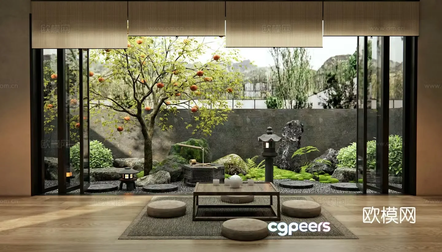Japanese style dry landscape courtyard landscape persimmon tree fruit tree landscape stone tingstep water view tea room 3d model