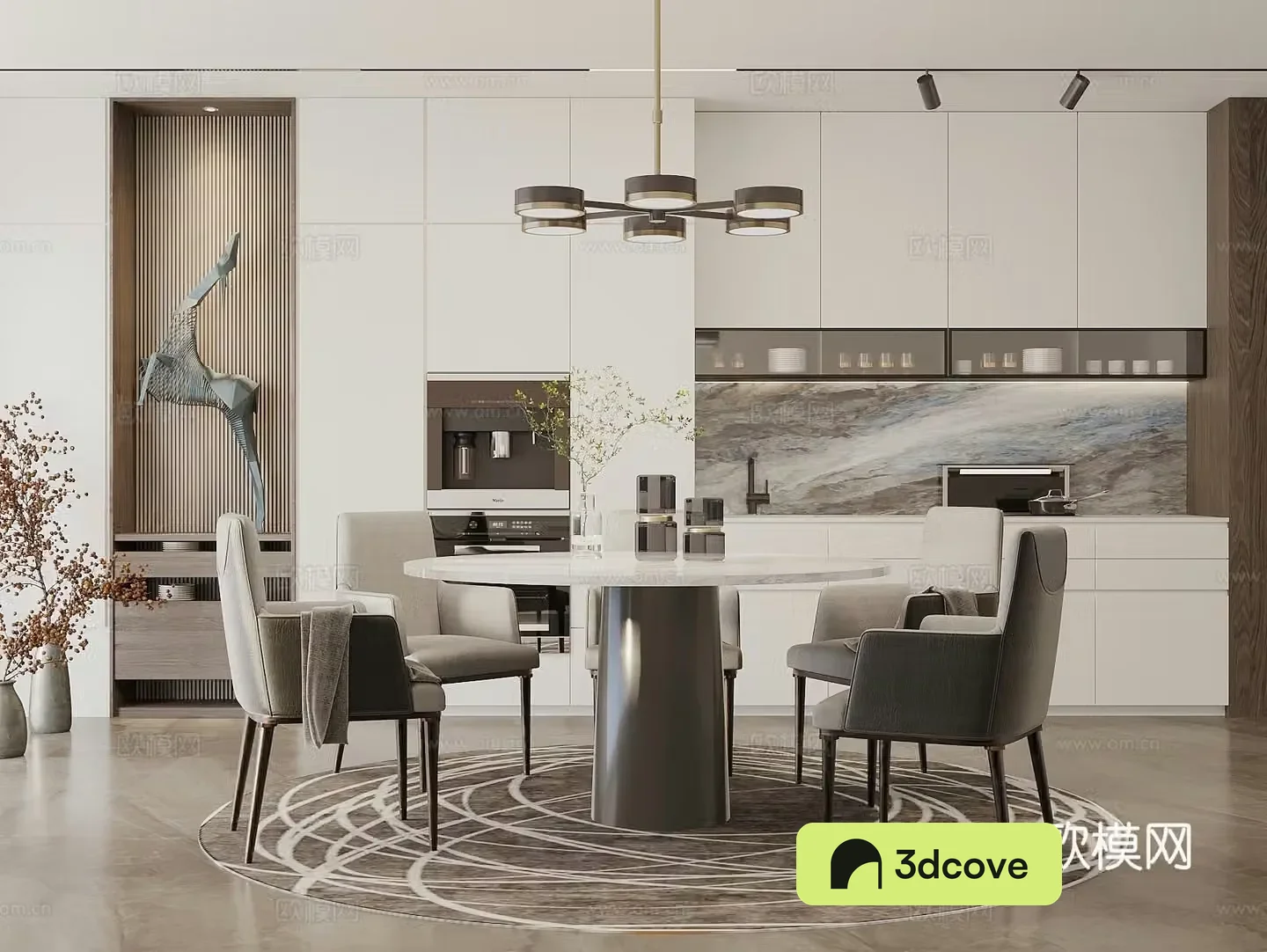 Creamy style round dining table and chair combination round table sideboard art ornaments restaurant chandeliers