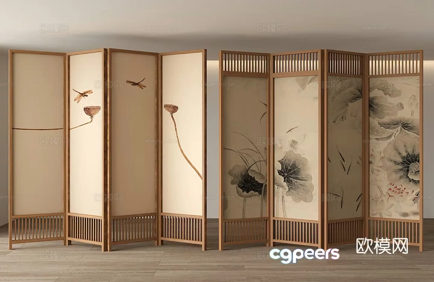 New Chinese style Chinese style screen partition Plant painting screen Wooden screen Screen 3D model
