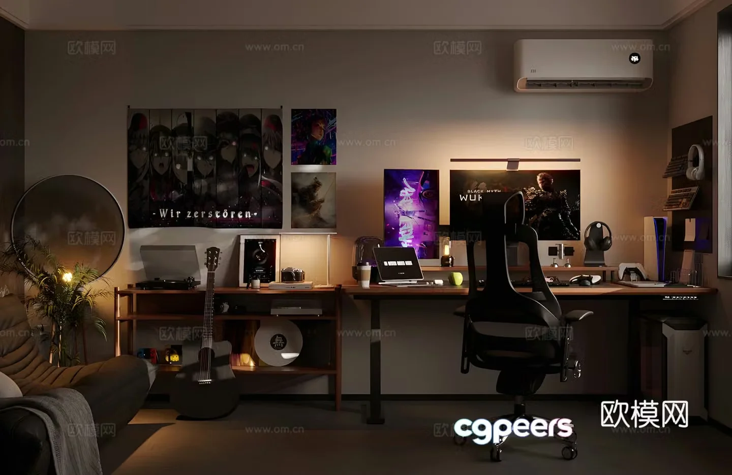 Modern e-sports room e-sports room computer room desktop computer desktop screen e-sports chair leisure chair 3d model