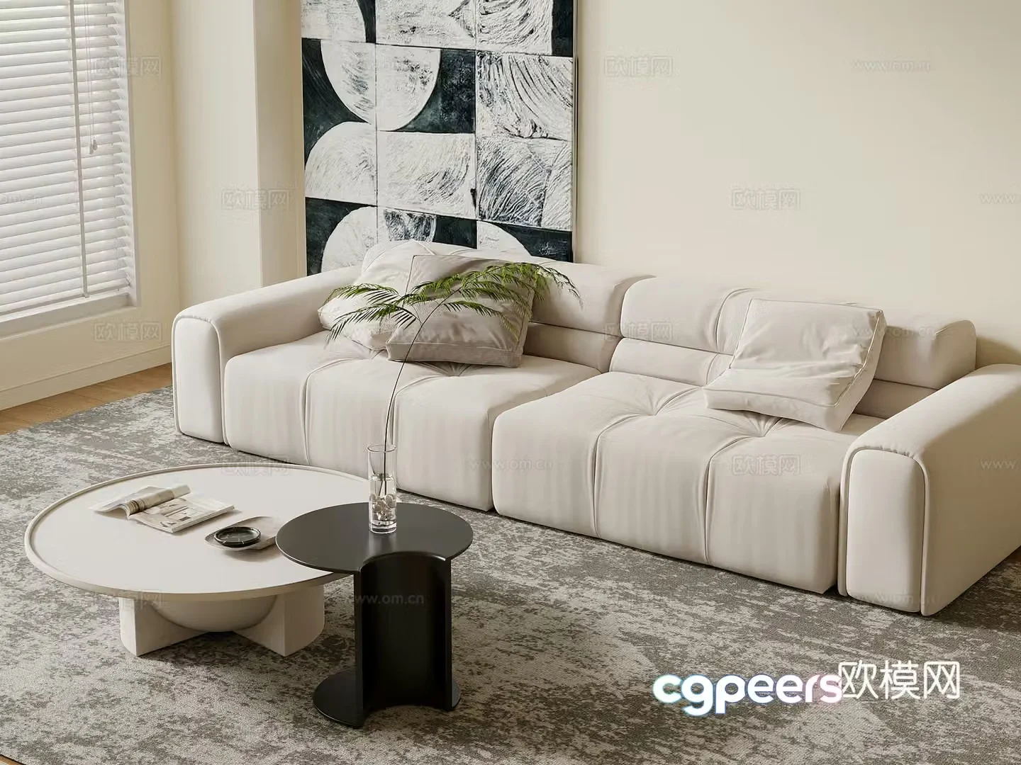 Modern cream style multi-person sofa direct sofa coffee table 3D model