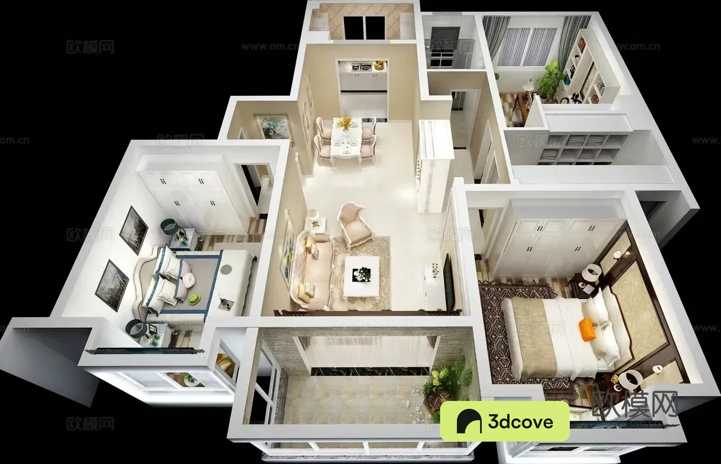 American three-bedroom apartment aerial view