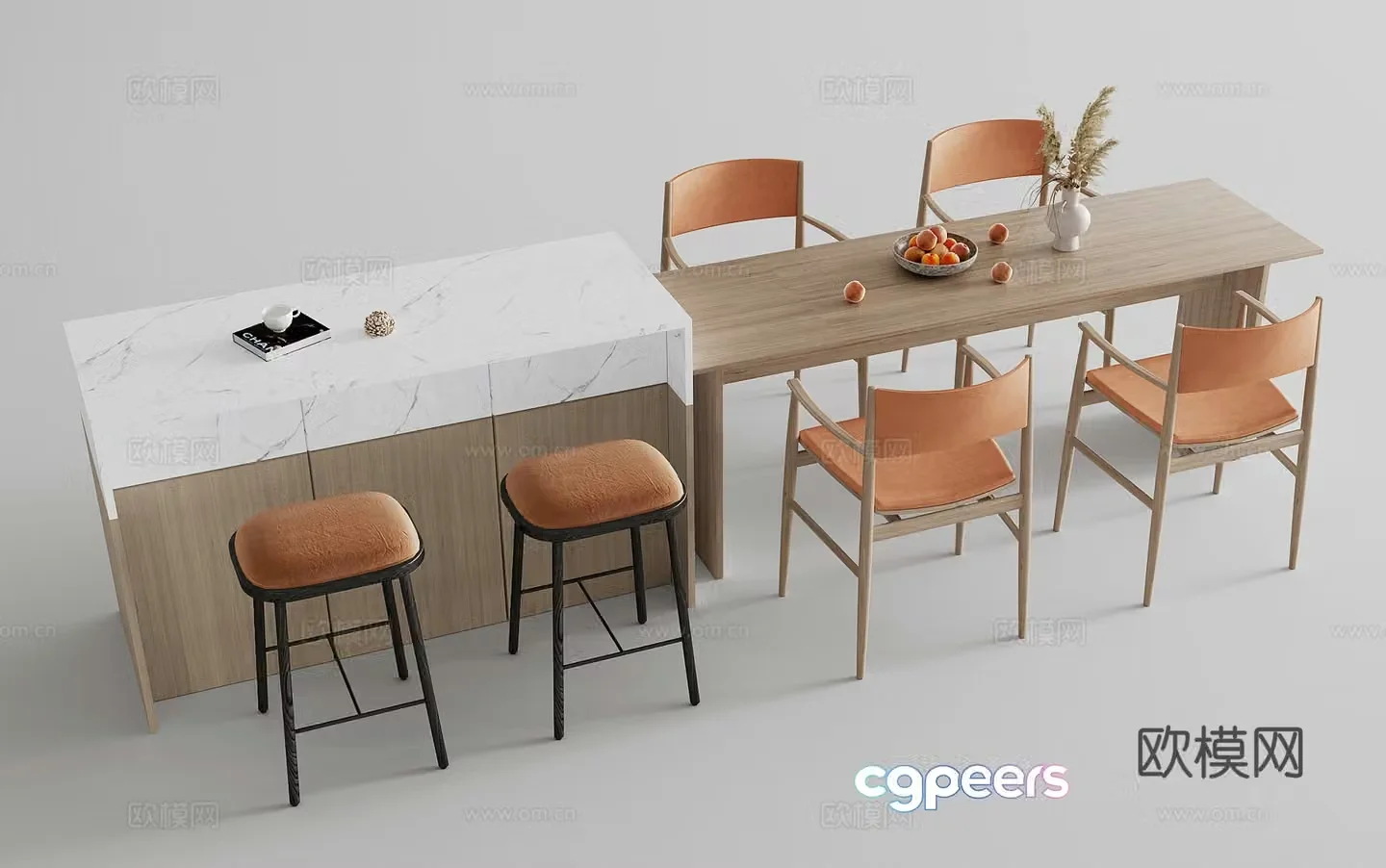 Modern island dining table and chair 3d model
