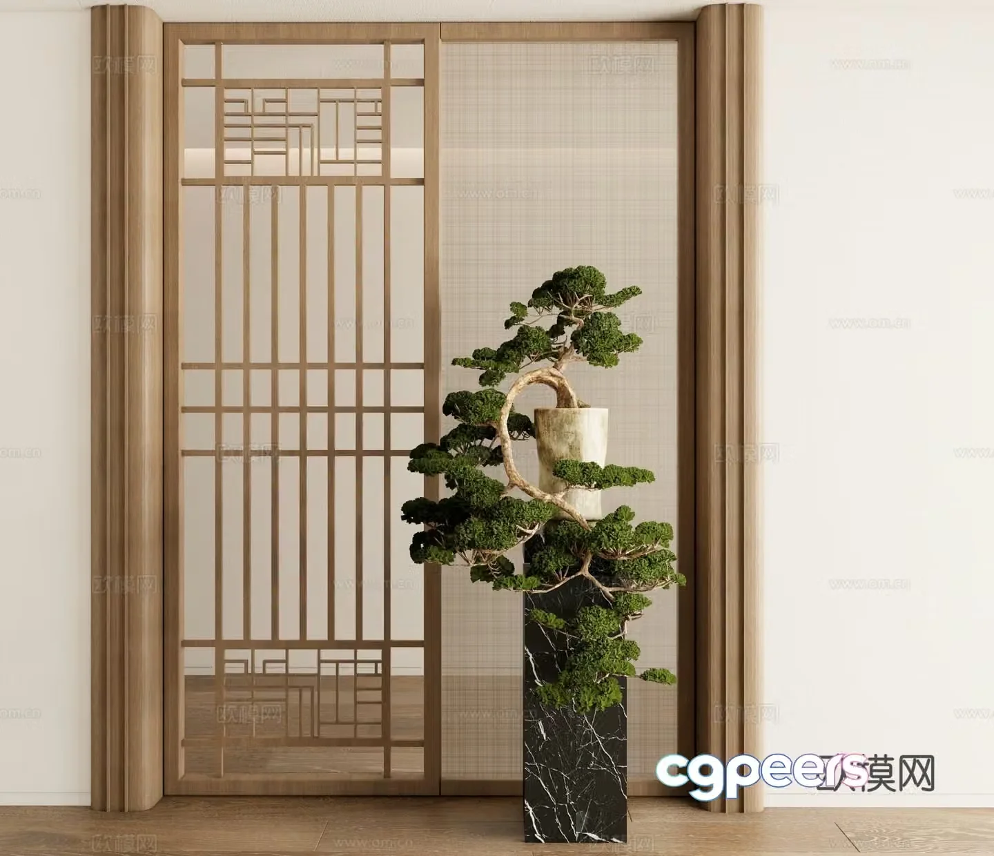 New Chinese style screen lattice screen flower stand 3D model