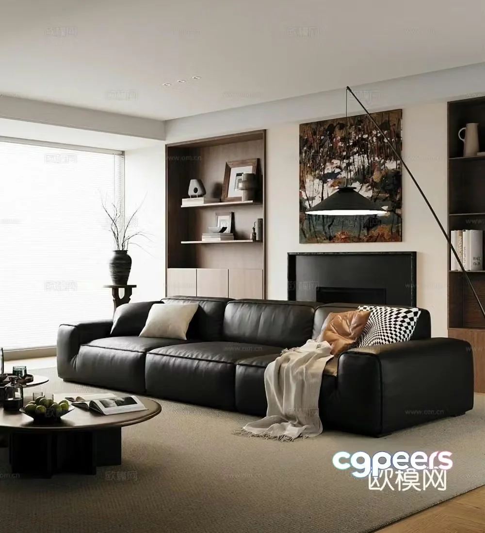 Medium-old cream home living room_Modern medium-old cream living room_Light luxury three-person sofa_Big black cow sofa 3D model