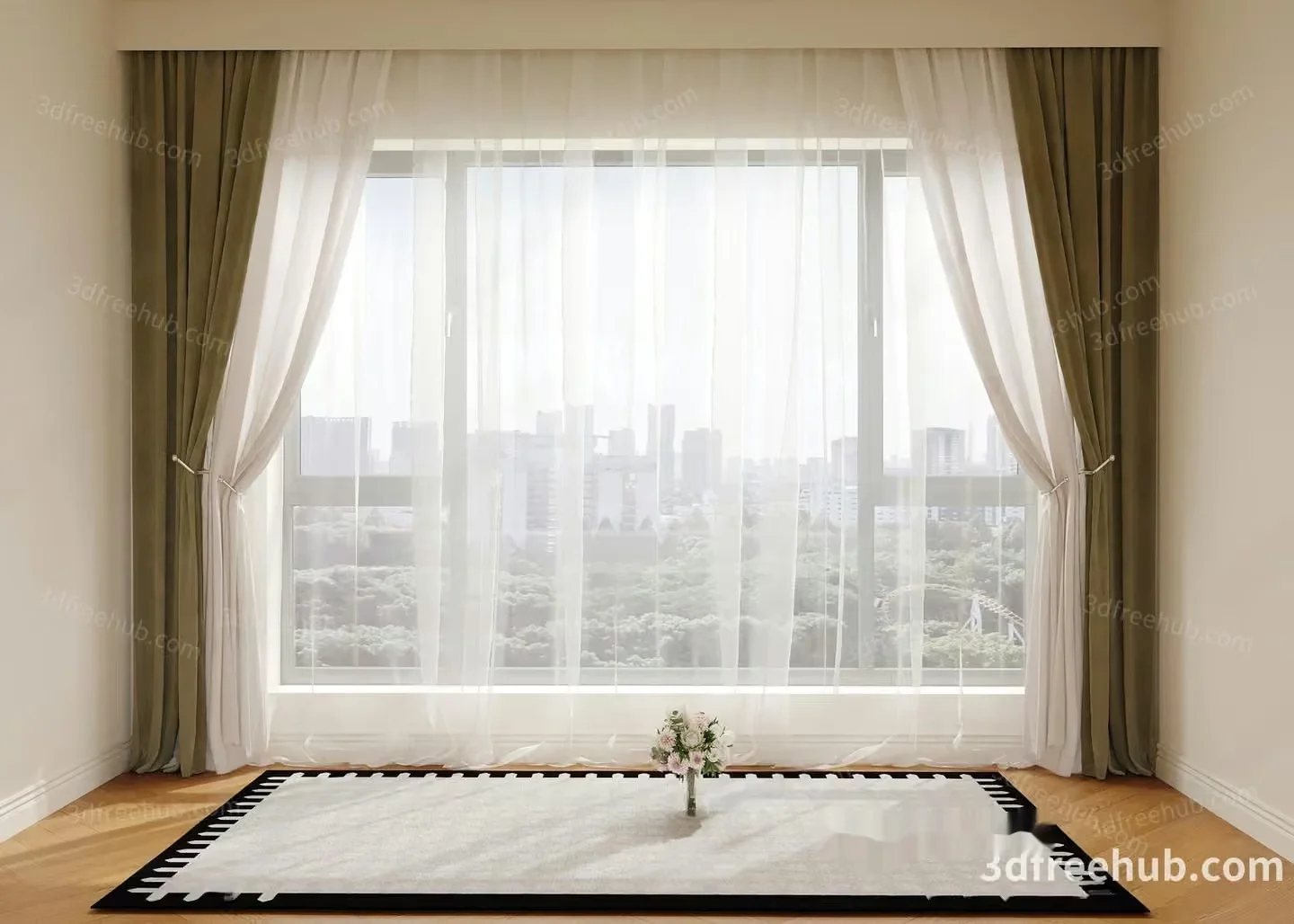 A Large Window With White Curtains 3D Model – 19637 – VRAY Render