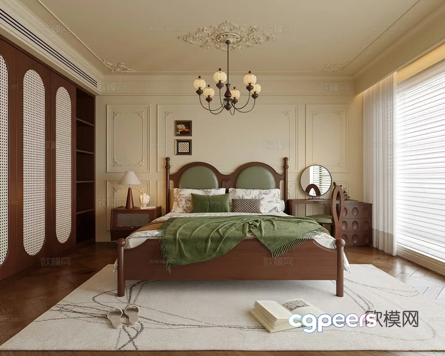 American bedroom double bed bedroom chandeliers bedside table 3D model