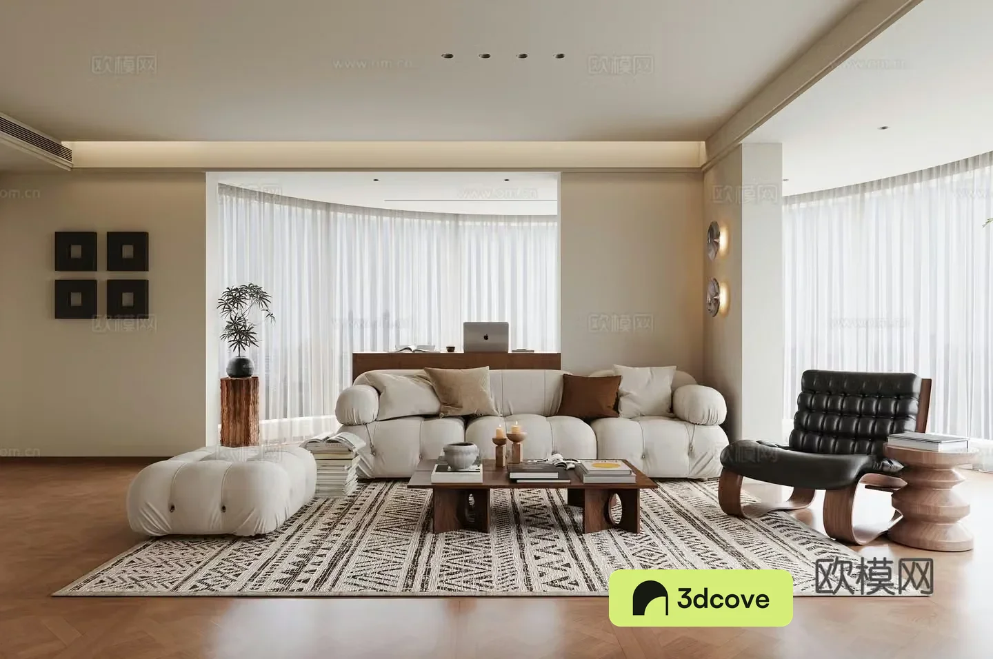 Middle style living room sofa and coffee table combination painting wall light 3D model