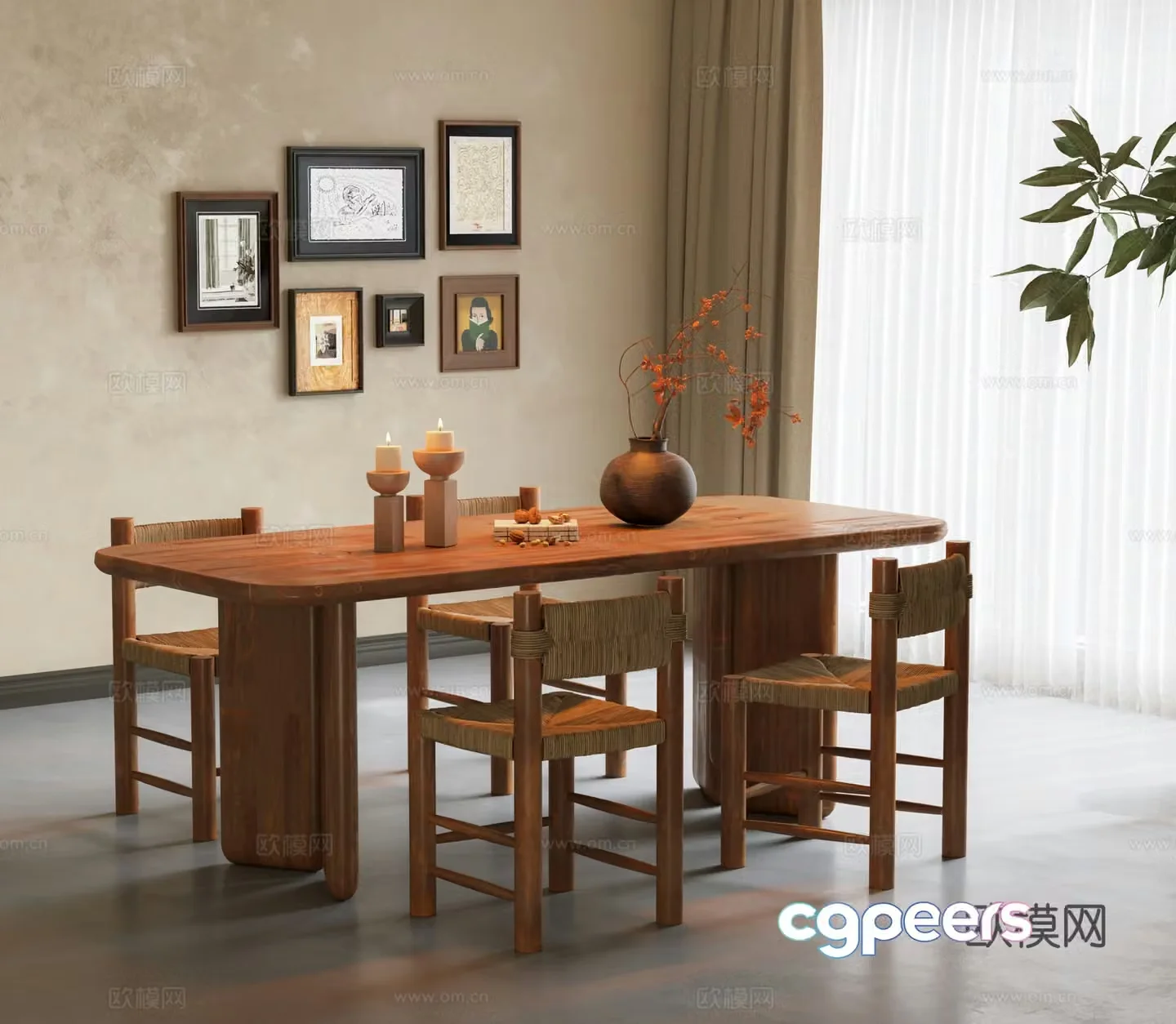 Wasabi Medium Style Dining Table and Chair Combination Candle Dining Table Wooden Dining Chair Long Dining Table Medium Style Dining Table 3D Model