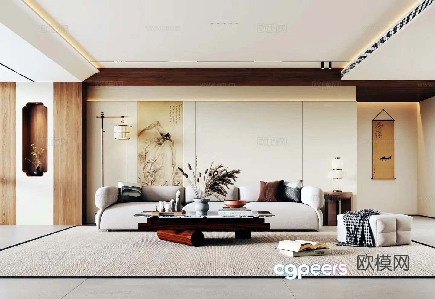 Modern medieval living room sofa and coffee table combination leisure chair hanging painting dried flowers floor lamp 3d model