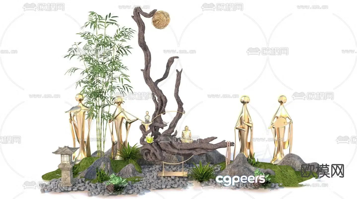 Landscape sketches Zen sculptures bamboo landscaping 3D models
